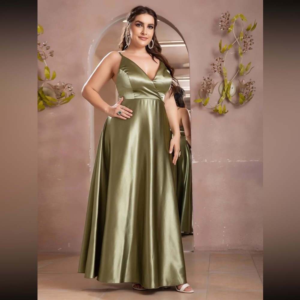 Plus Overlap Collar Satin Cami Formal Dress